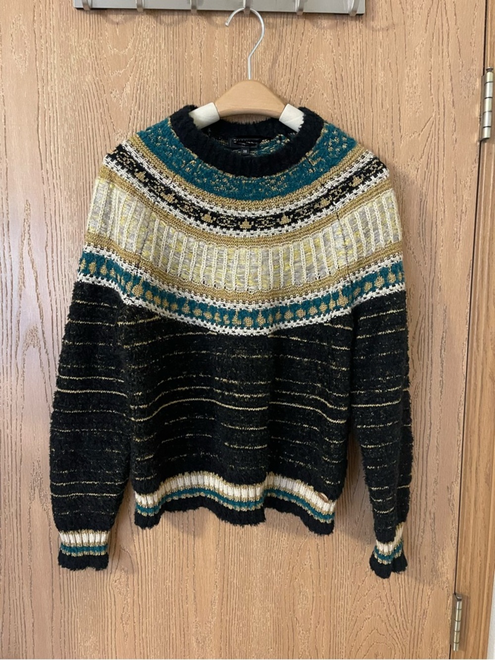 Textured Black & Teal Fair Isle Crewneck Sweater